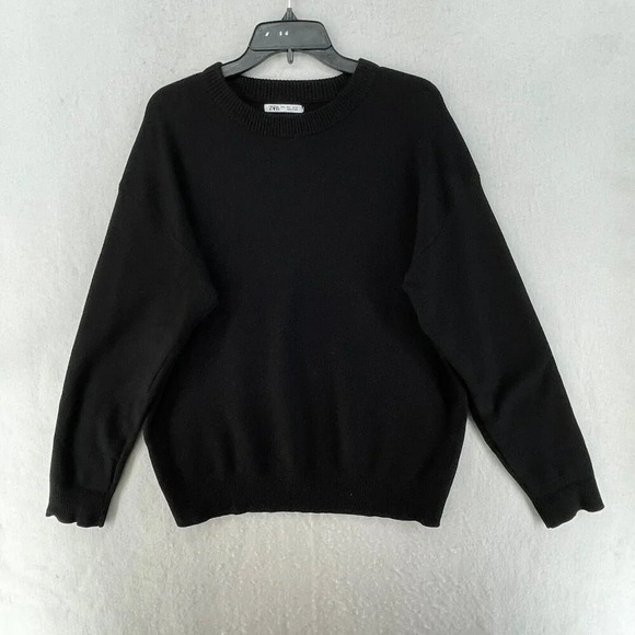 Zara Sweatshirt Women's Sz Large Black Crew Neck Ribbed Knit Pullover Stretch - Picture 1 of 10